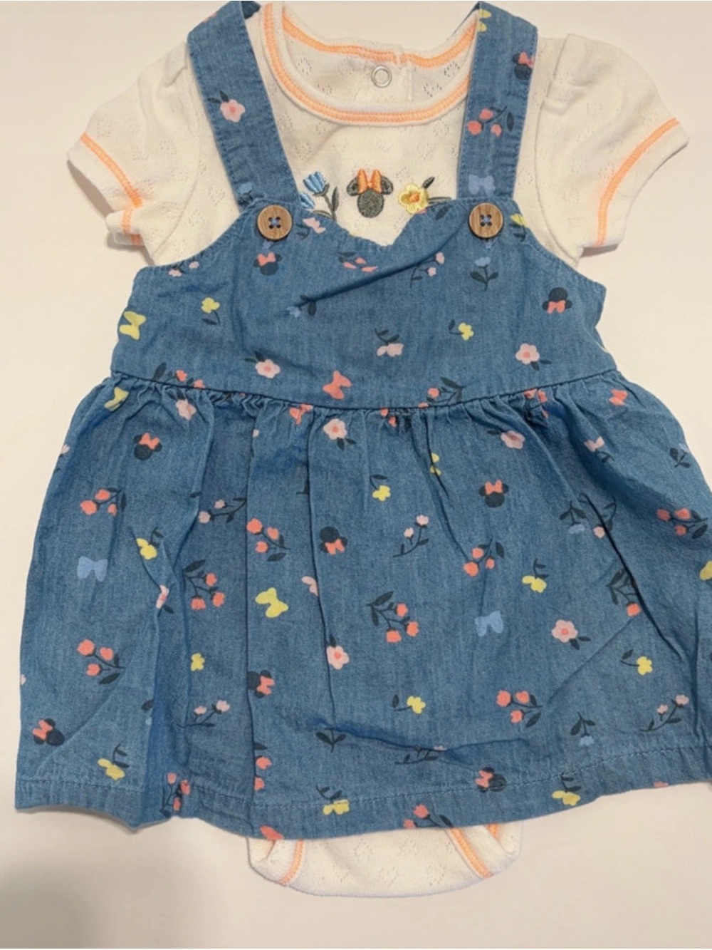 Disney Minnie Blue Floral Denim-Look Baby Pinafore Dress with White Bodysuit